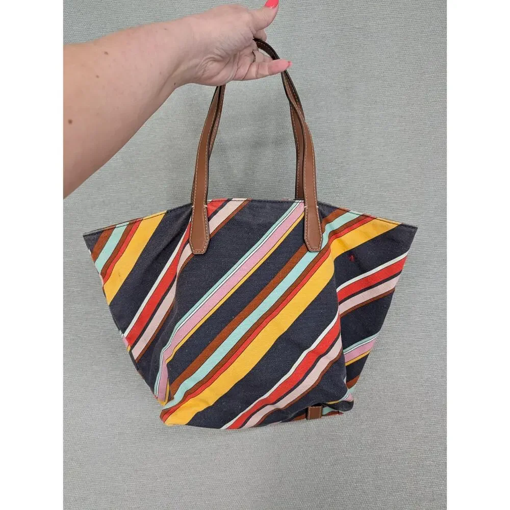 Tory Burch Ella Tote Bag Multicolor Stripe Canvas